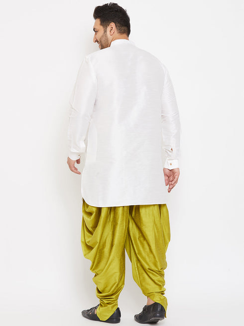Vastramay Men's Plus Size White Silk Blend Curved Kurta Dhoti Set
